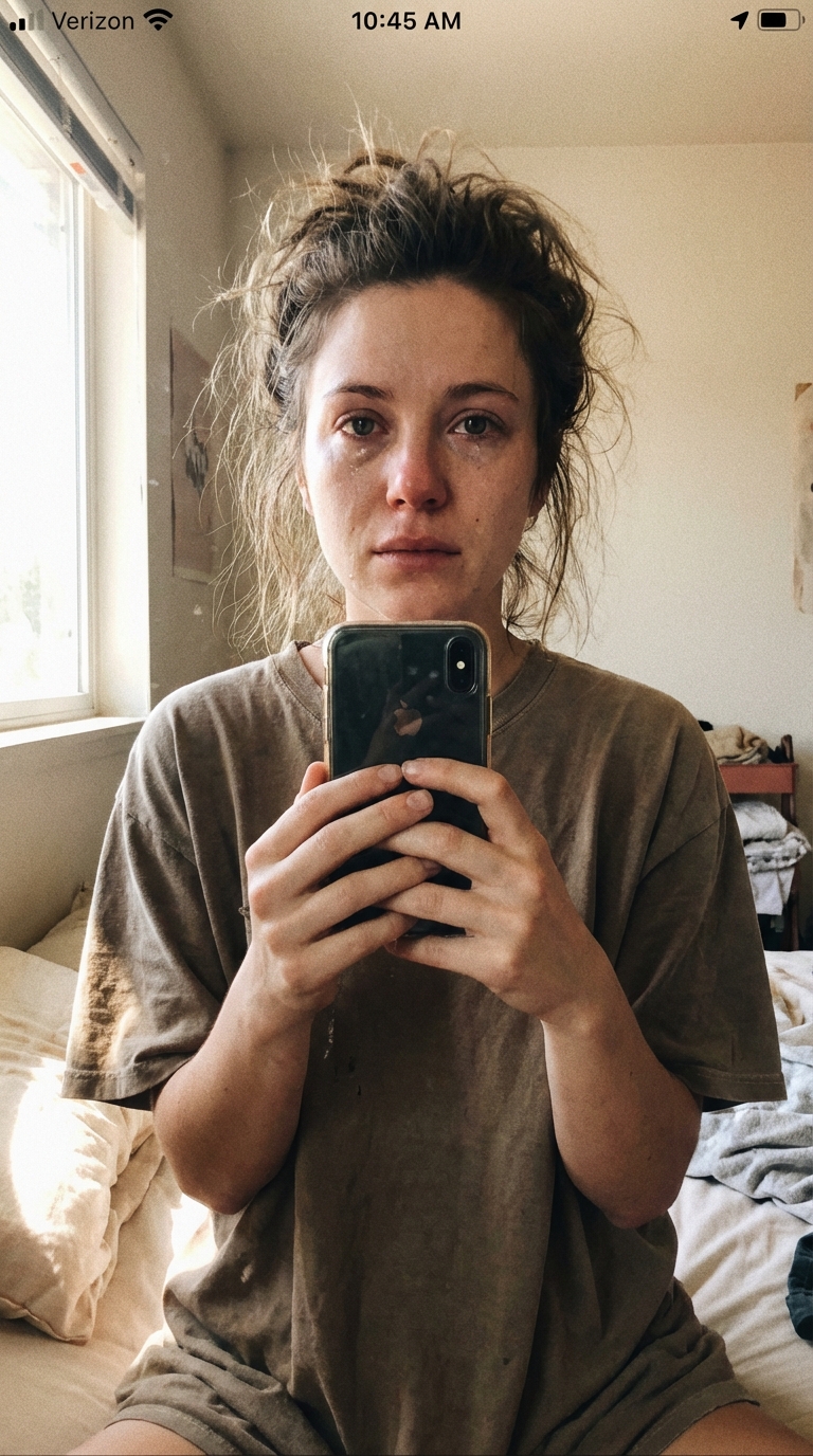 A real person having a vulnerable moment of self-reflection