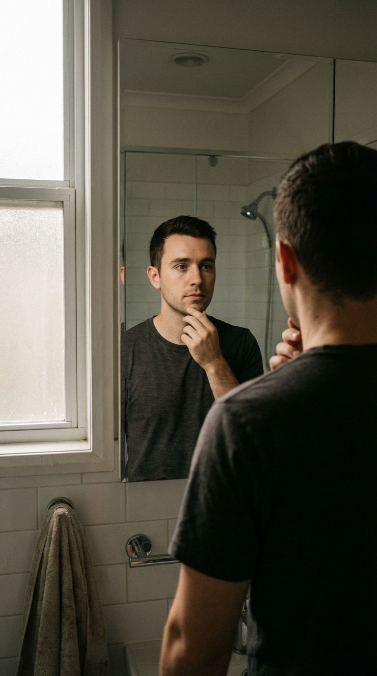 A person looking at their reflection, confronting inherited patterns